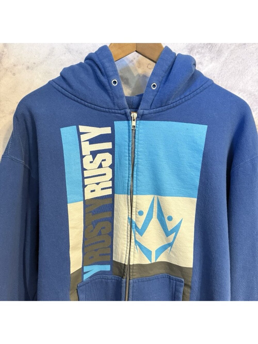 Vintage Rusty Hoodie Blue Y2k Surf Skate Zip Sweatshirt Size Medium M